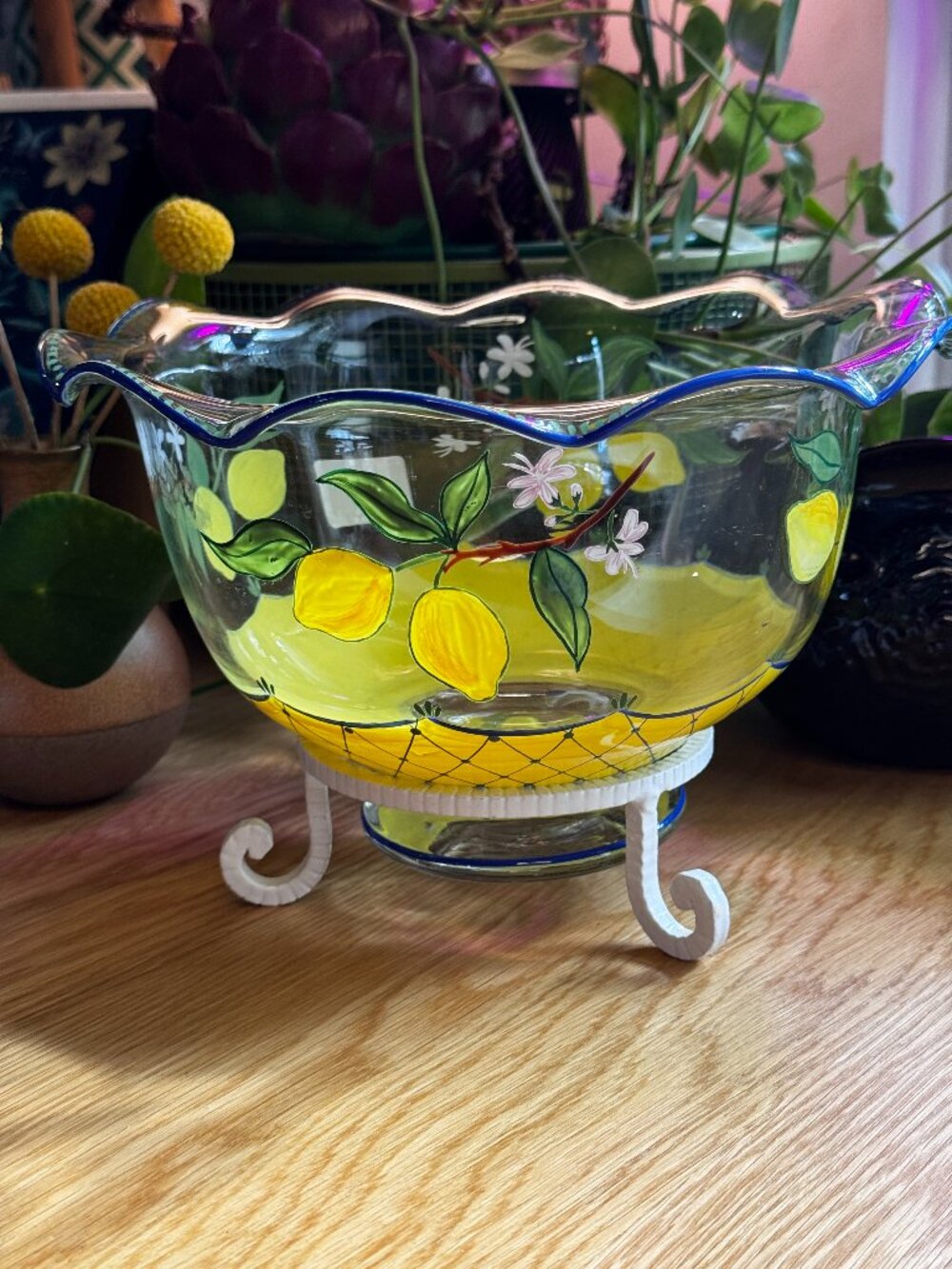 Lenox Lemon Sunshine Glass Serving Bowl & Metal Stand Set, Vintage Circa 2003